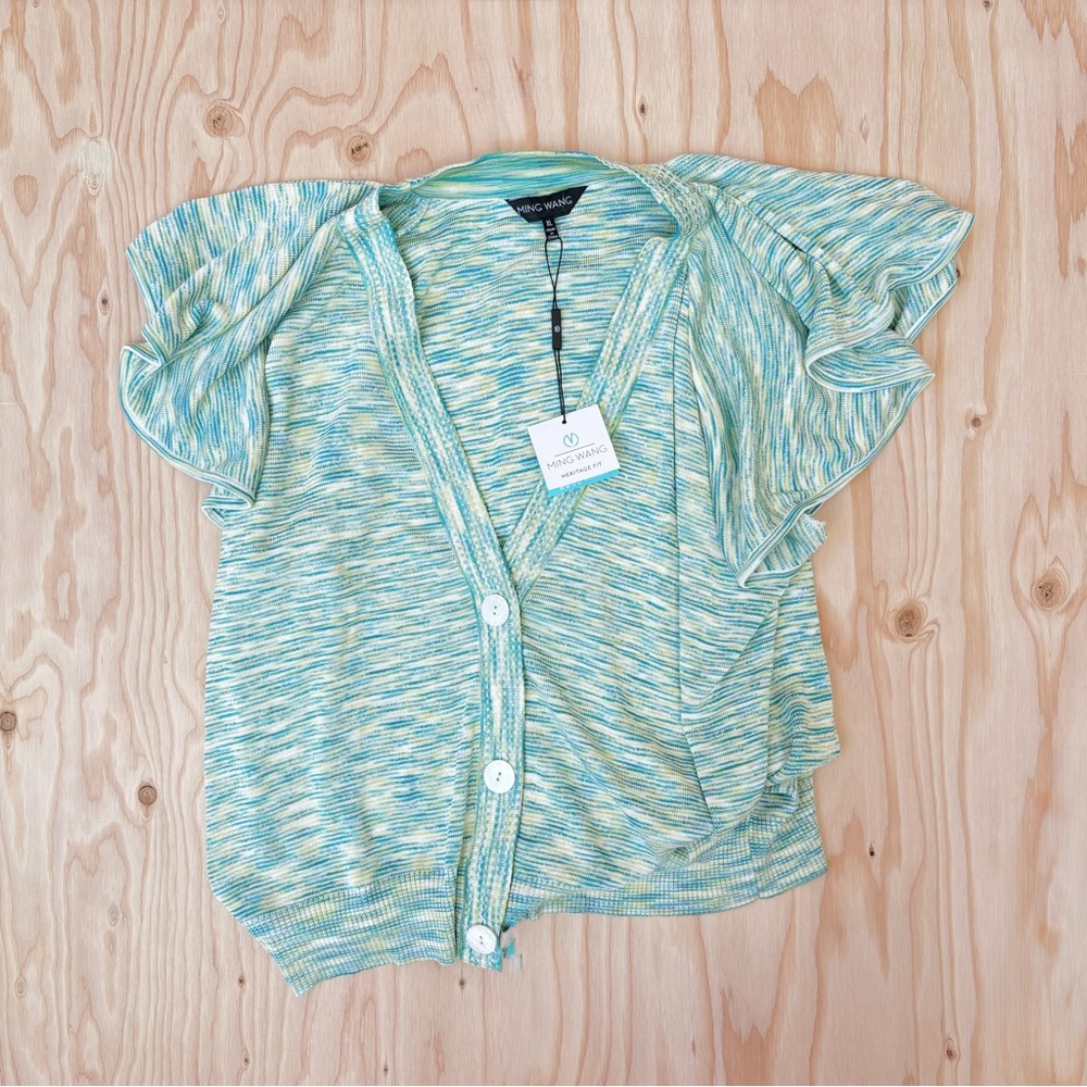 ming wang flutter space dye cardigan - seafoam green rib knit ruffles - XL NWT